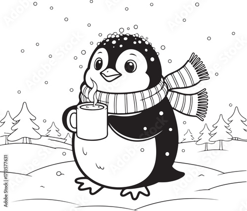 Cute penguin enjoying a hot drink in a snowy winter scene