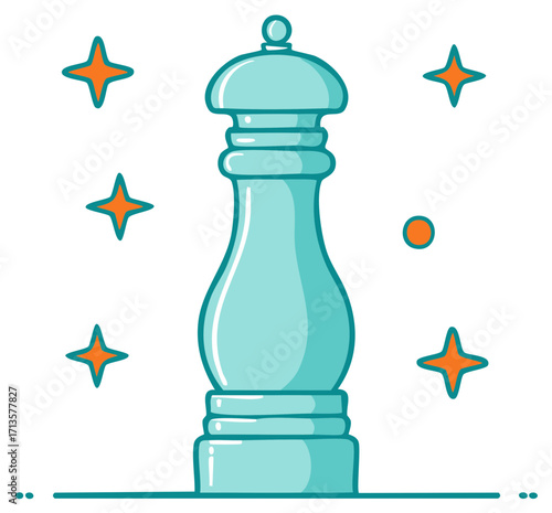 Stylish turquoise pepper mill with sparkling orange stars and dots graphic design