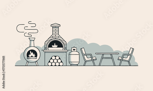 Outdoor cooking and dining setup with pizza oven and seating.