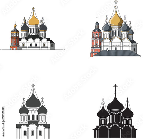 Orthodox Christian churches with domes vector silhouette and illustration set