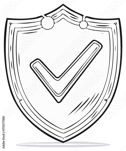 Monochrome line art style illustration of a Shield with a checkmark displaying security, safety and a secured item, conveying protection and achievement in a simple design