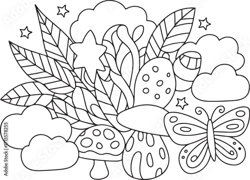 Whimsical woodland creatures and nature elements coloring page