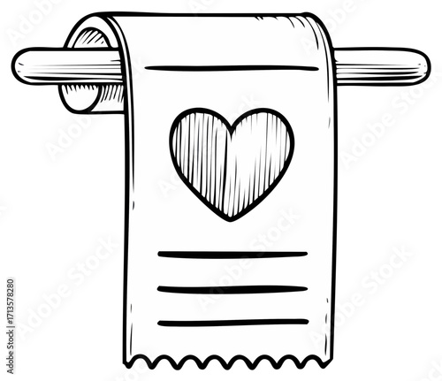 A hand drawn toilet paper roll with a heart symbol. Black and white doodle sketch of bathroom tissue with a love icon.