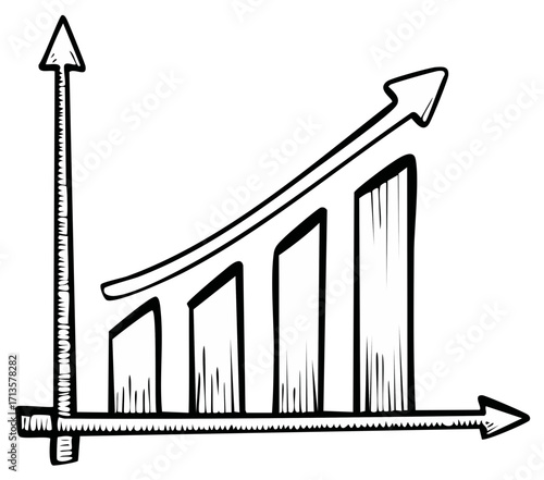 Hand drawn bar graph with upward trending arrow indicating growth and success