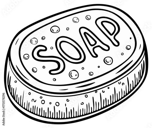 Doodle-Style Soap Bar with Bubbles, Black and White Sketch, Hygiene and Cleaning Supplies