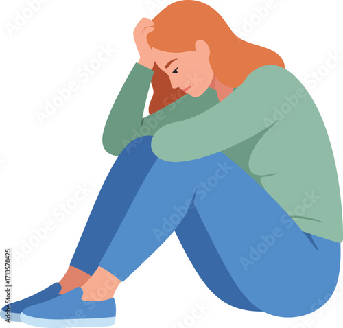 Sad woman sitting isolated depression stress mental health concept vector