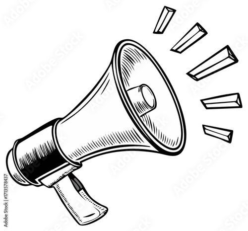 Hand drawn vintage megaphone illustration with sound waves for announcement communication and attention