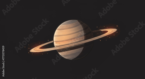 Saturn with glowing rings against a dark background