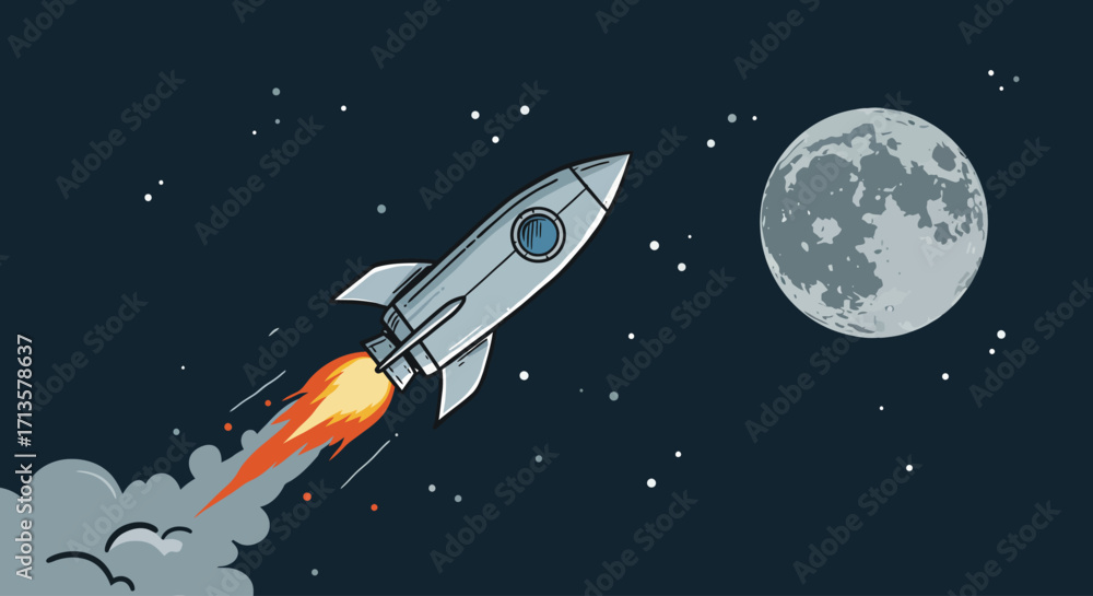 Naklejka premium Cartoon rocket ship flying towards a full moon in outer space
