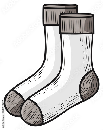 Hand drawn illustration of a pair of cozy white socks with gray cuffs and toes
