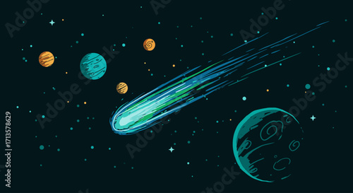 Vibrant pixel art illustration of a comet traveling through a retro cosmic scene