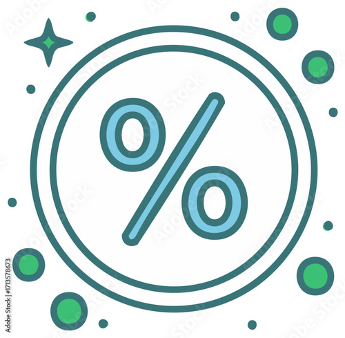 Vector illustration of a percentage symbol icon within a circle with sparkles and dots