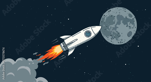 🚀 Rocket Ascending Towards the Moon in a Starry Night Sky