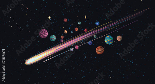 Cosmic Journey A Stream of Colorful Planets and a Shooting Star