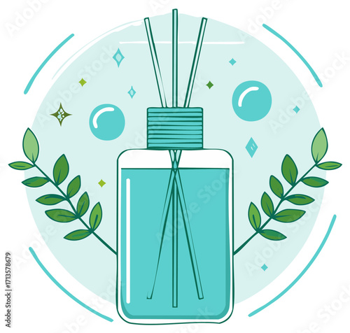 Aroma Diffuser with Reeds, Teal Liquid, Leaves and Decorative Spheres on a Green Circular Background