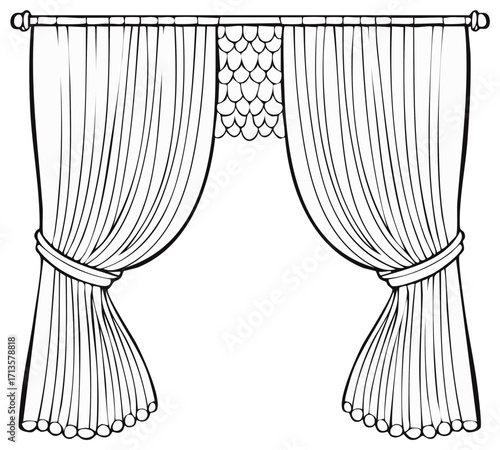 Elegant Draperies and Window Treatment, Outline, Black and White Illustration