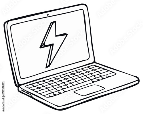 Hand drawn outline illustration of a laptop computer with a lightning bolt symbol displayed on its screen showing power