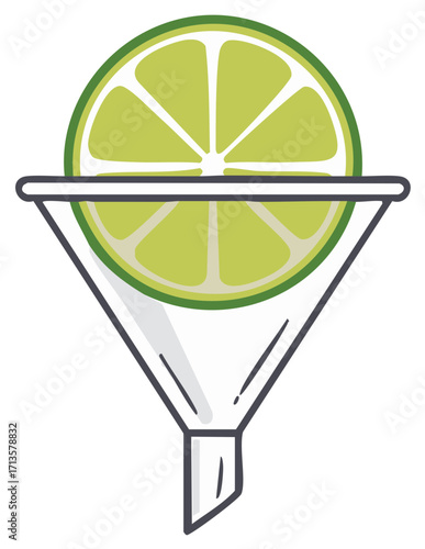 Cartoon illustration of a fresh lime slice in a funnel representing juicing or filtering