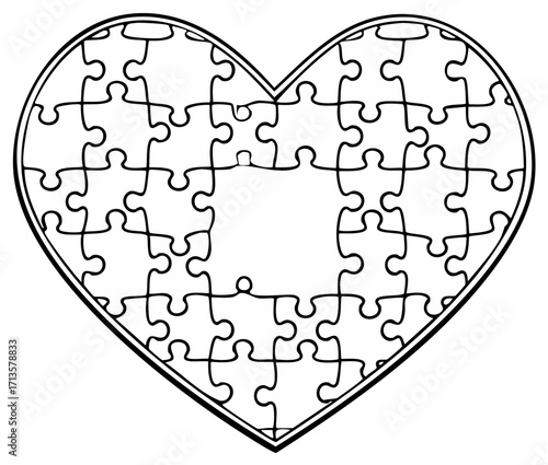 Heart shaped jigsaw puzzle with a missing piece in the center a line art concept for love and relationships