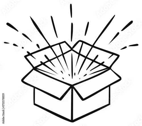 Opened package with rays burst out, surprise inside concept drawing in vector art