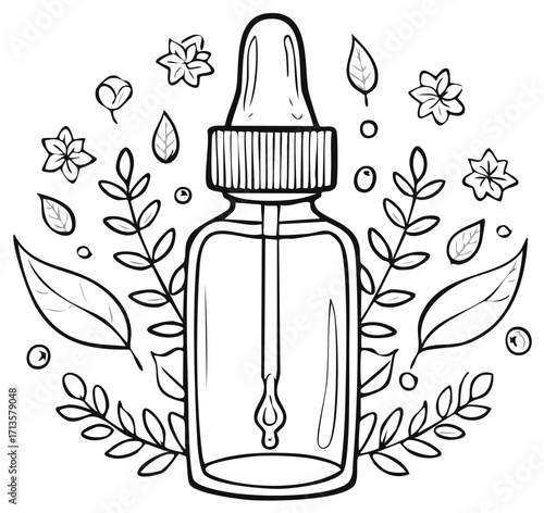 Herbal Essence Dropper Bottle with Leaves and Flowers Illustration