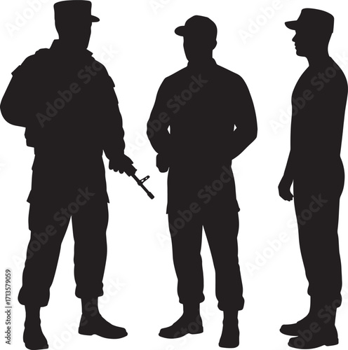 Collection of armed military soldiers standing in various poses in vector silhouette
