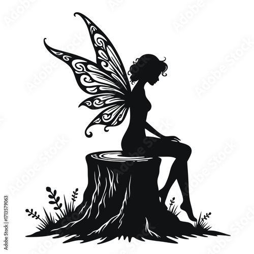 Black silhouette fairy with ornate wings sitting on tree stump