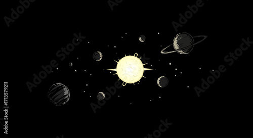 Stylized monochrome doodle of a cosmic solar system with orbiting planets