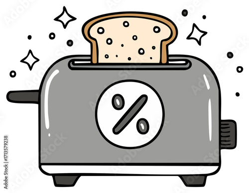 Toaster with slice of bread and sparkling effect, kitchen appliance, simple illustration