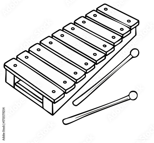 Hand drawn black and white illustration of a xylophone and mallets for music education and play