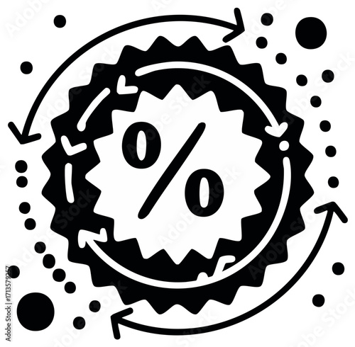 Vector icon with a percentage sign and circular arrows symbolizing cashback, recurring discounts, or a loyalty program
