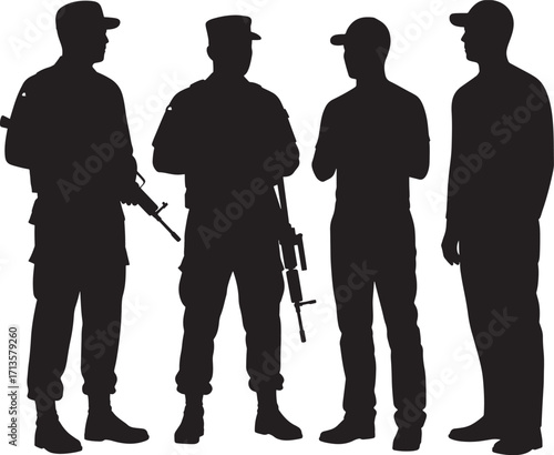 Vector silhouette of soldiers and military men in various poses