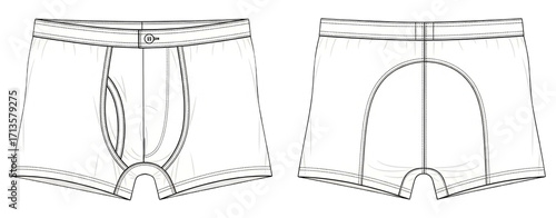Technical drawing of mens boxer briefs isolated on transparent background for fashion design and garment production needs