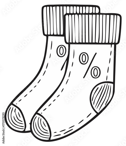 Hand drawn pair of socks with dashed seams and ribbed cuffs, illustration