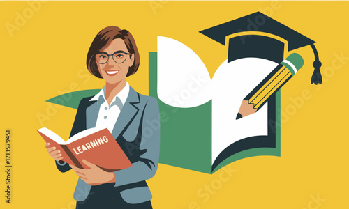 Smiling Woman in Glasses Holding a Book with Learning Text.