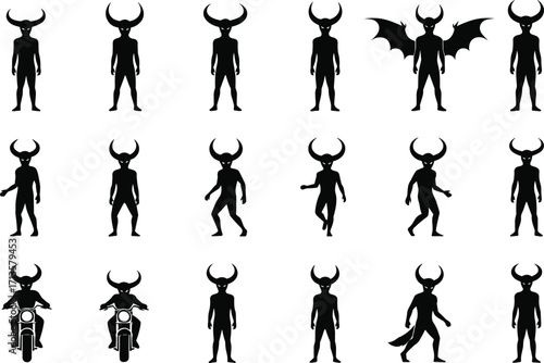 Silhouette demon characters with horns, wings, motorcycles, tails, fantasy poses, mythical creatures, dark figures, supernatural beings, monster design, eerie concept art