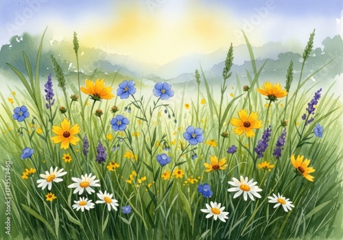 Watercolor Field with Daisies, Yellow Cosmos, Blue Flax, and Lavender Painting