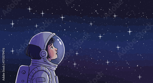 Girl in astronaut suit looking up at starry night sky