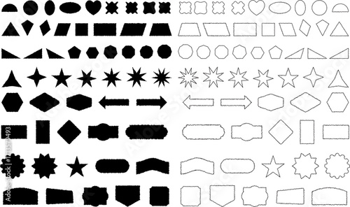 A diverse collection of geometric shapes and flowchart symbols arranged in a structured layout