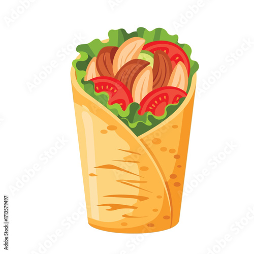 Vector illustration of a delicious chicken wrap with fresh lettuce and tomatoes, isolated on a white background. A classic fast food burrito or shawarma concept for menus and advertising