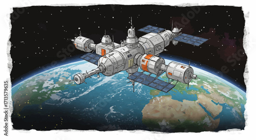 Artistic Illustration of a Detailed Space Station Orbiting Earth in a Stylized Hand-Drawn Cosmic Scene