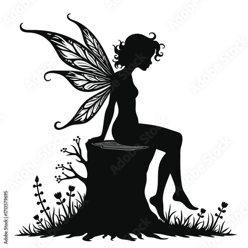 Black silhouette fairy with ornate wings sitting on tree stump
