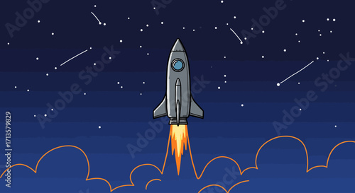 Stylized Rocket Blasting Off into Starry Night Sky, Igniting New Adventures and Future Possibilities