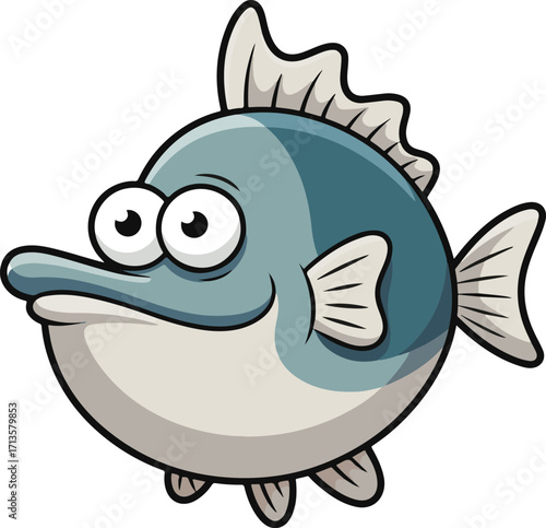 Cartoon illustration of a cute plump blue fish with big eyes and a long snout