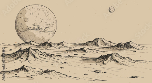 Vintage science fiction illustration of a desolate alien planet's surface