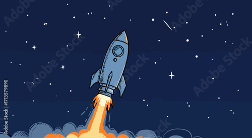 Dynamic illustration of a rocket launching into a starlit cosmos, symbolizing innovation and ambitious beginnings