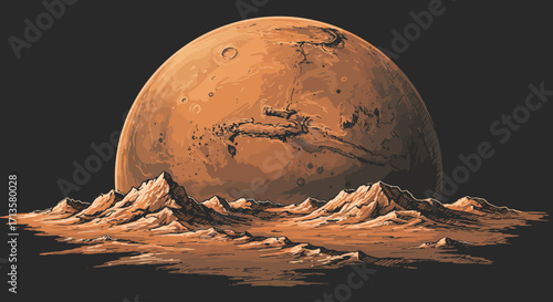 Retro 8-Bit Pixel Art of a Martian Landscape with a Rising Red Planet