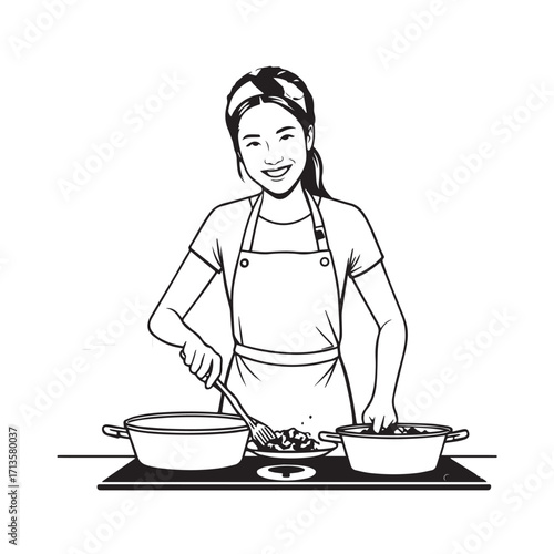 Black and White Vector Illustration of a Smiling Woman Cooking in Kitchen with Apron and Headband