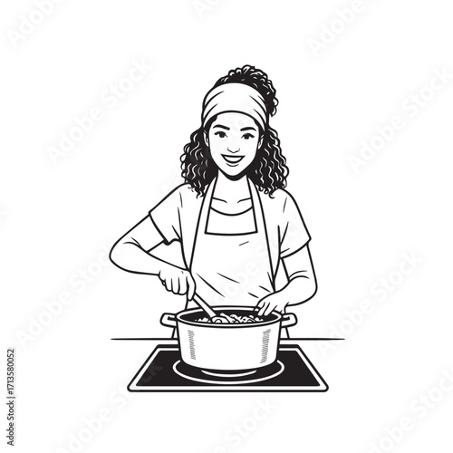 Black and White Vector Illustration of a Smiling Woman Cooking in Kitchen with Apron and Headband