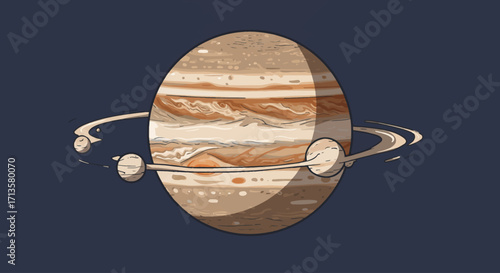Vibrant Cosmic Portrait of a Ringed Gas Giant Planet with Multiple Orbiting Celestial Bodies